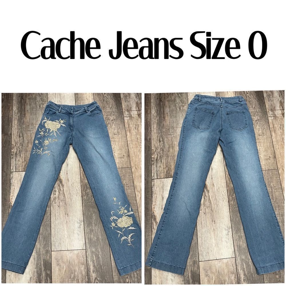 Cache Straight Leg Jeans Blue With Cream Colored Embroidery Patches Size 0